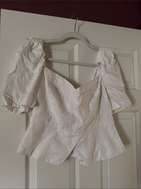 Linen Puff-Sleeve Peplum Top